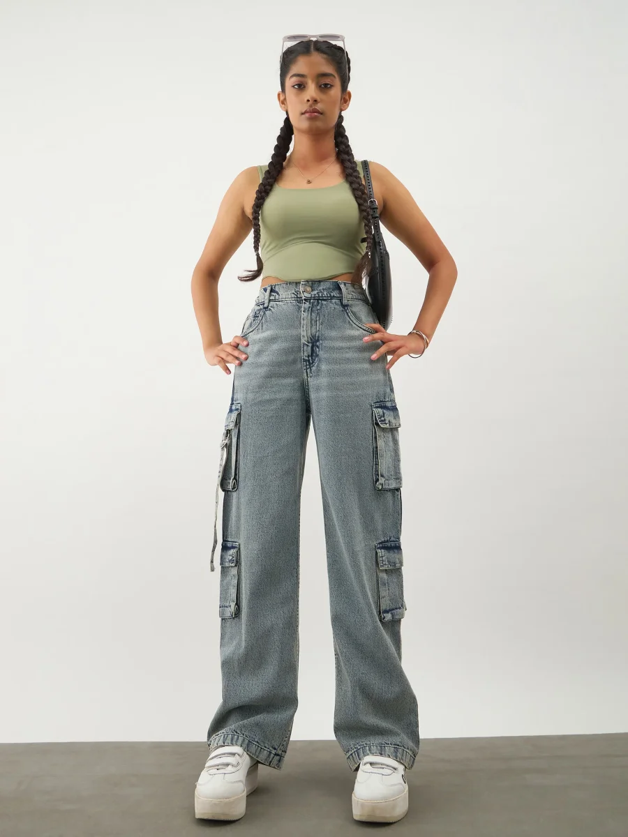 Girls Blue Acid Wash Denim Cargo Jeans